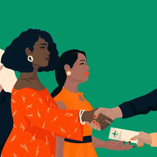 Illustration de trois femmes recevant des clés de maison, serrait une main et recevant un billet d'avion