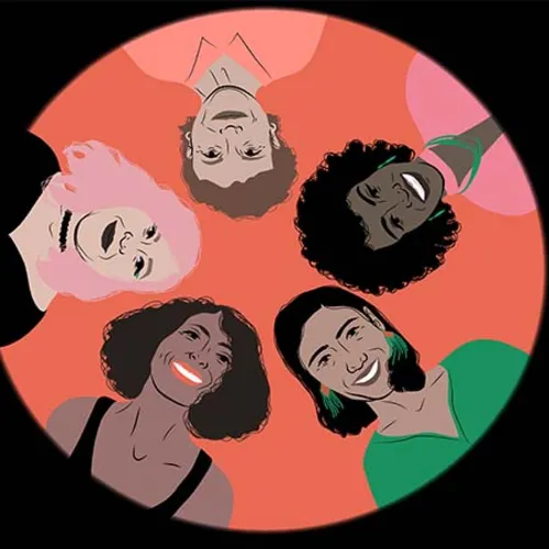 Quatre femmes d'âges différents en cercle vue du dessous, image très colorée. 