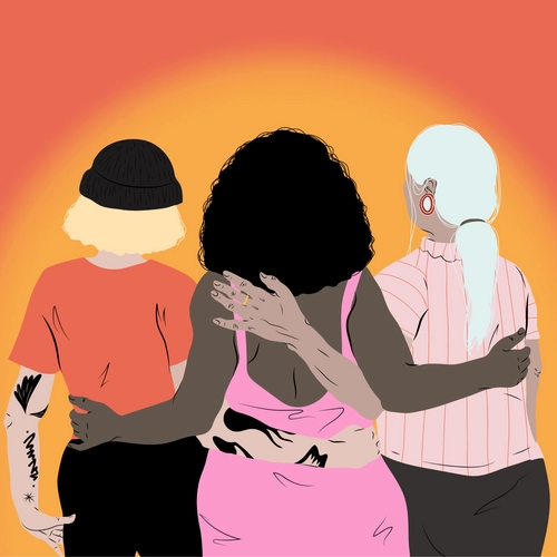 Illustration de trois femmes de dos se tenant par la taille