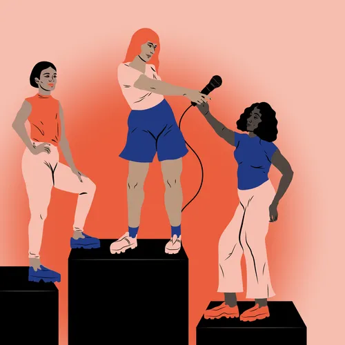Illustration of 3 women on a podium, one holding a microphone to another
