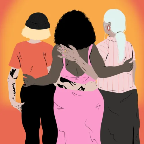 Three women hugging from behind