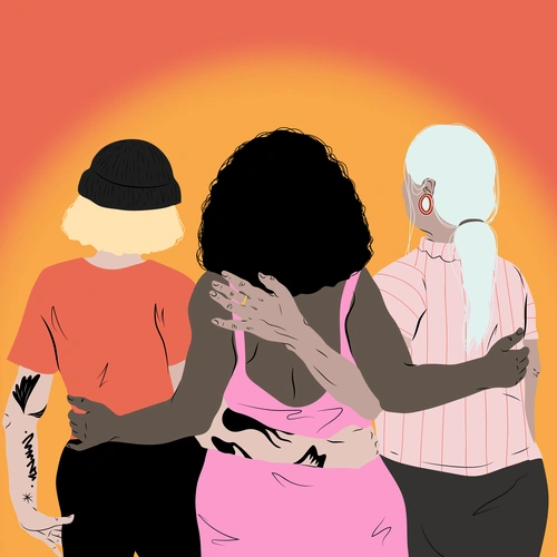 Trois femmes de dos qui s'enlacent