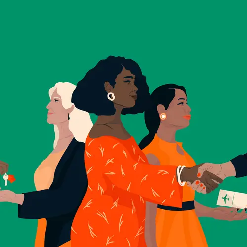Illustration of three women receiving house keys, shaking hands and receiving a plane ticket