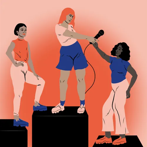 Three women on pedestals