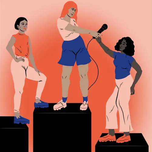 Three women on pedestals