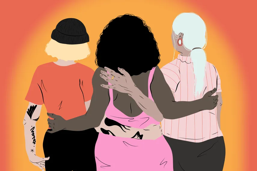 Trois femmes de dos d'âges différents  se soutiennent, image très colorée. 