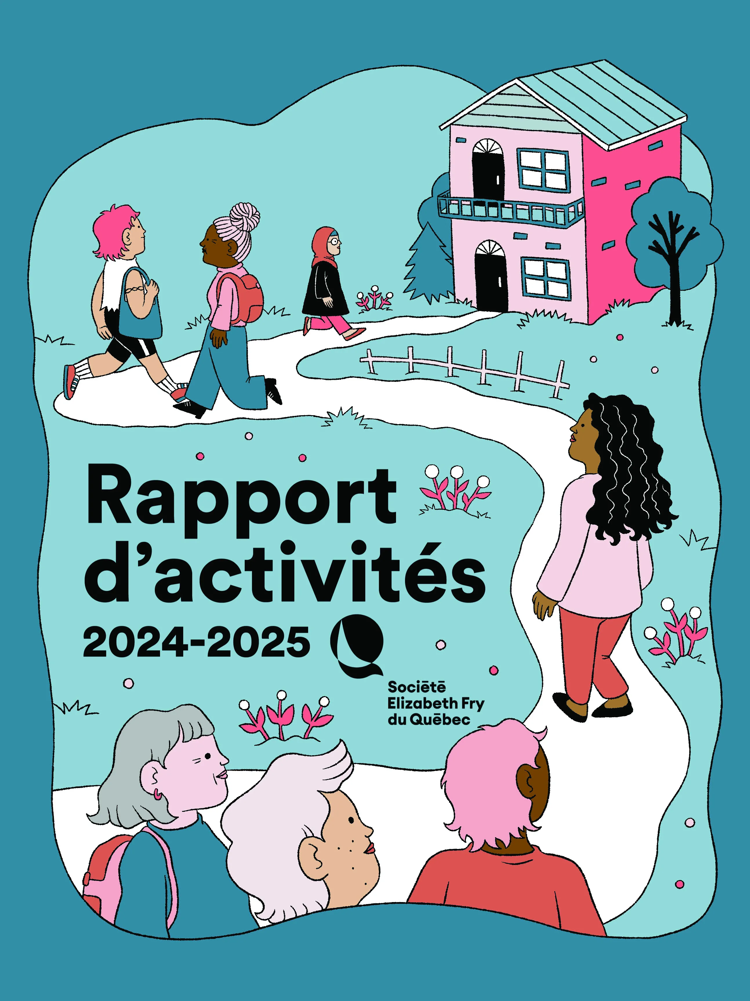 Many women are walking along a road toward a house.